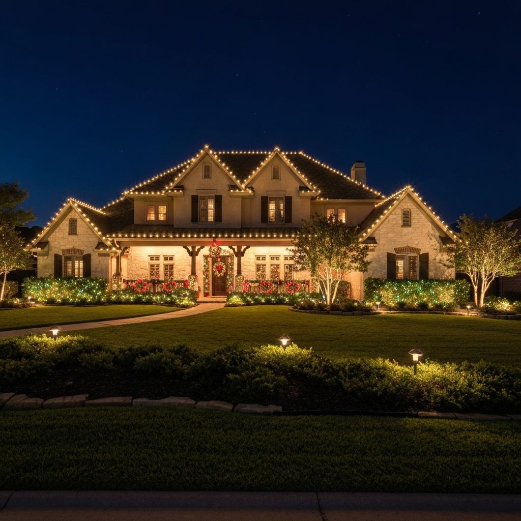 Two-story Texas home with roofline Christmas lights in Prosper